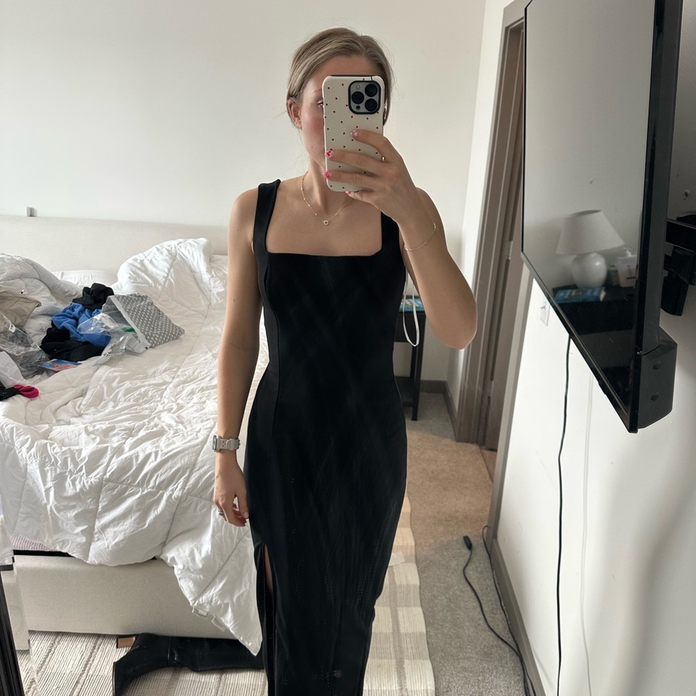 Lulu's Black Square-Neck Maxi Dress with Side Slit